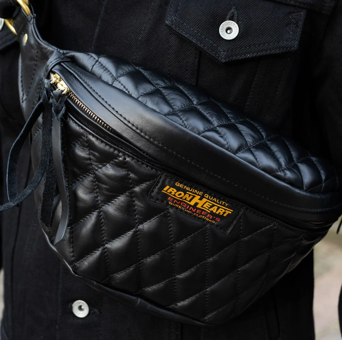 IHE-45-BLK - Diamond Stitched Leather Waist Bag - Black - Image 4