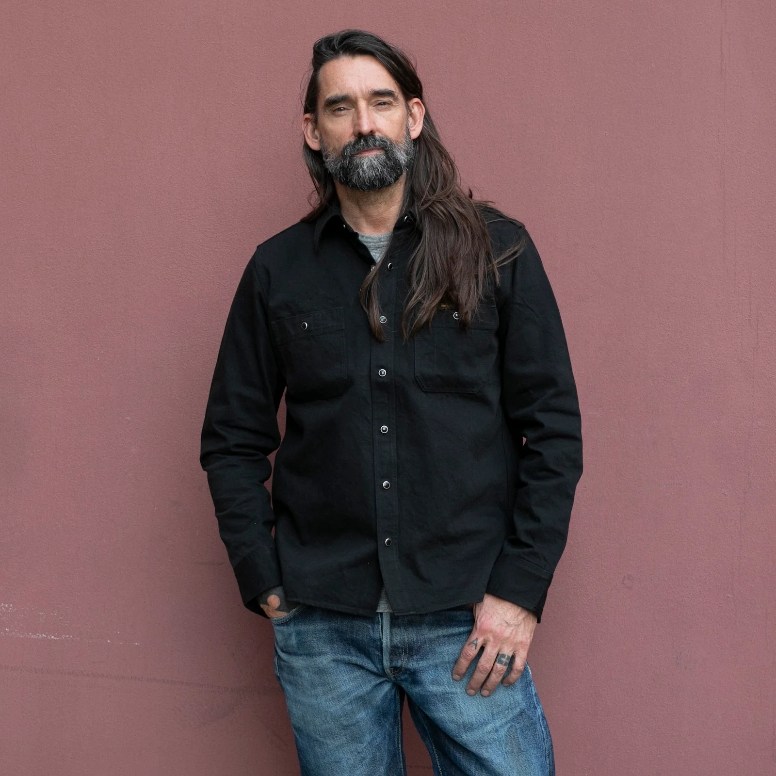 IHSH-338-BLK - 12oz Selvedge Denim Work Shirt With Snaps - Black/Black - Image 2