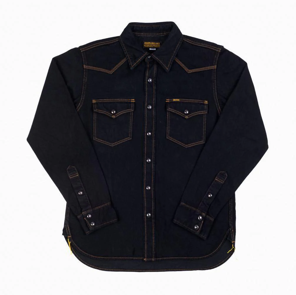 IHSH-33-OD - 12oz Selvedge Denim Western Shirt - Indigo Overdyed Black