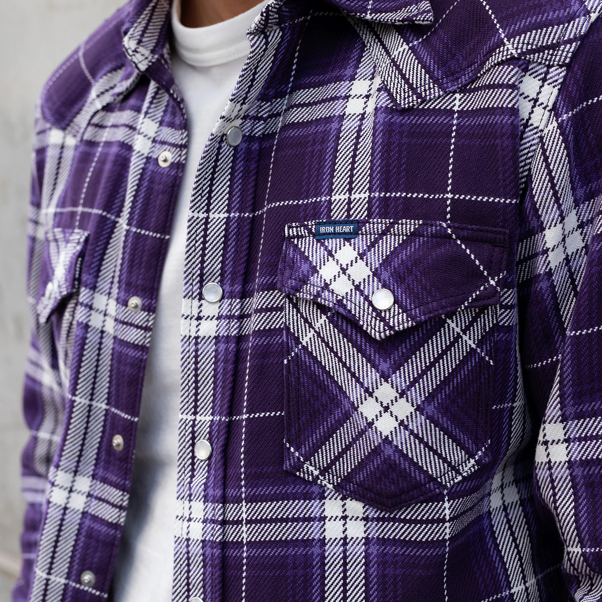 IHSH-439-PUR - 9oz Selvedge Flannel Western Shirt - Purple Check - Image 3