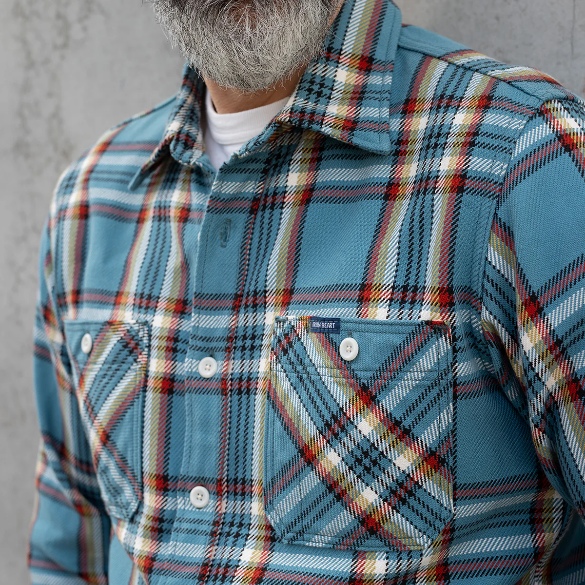IHSH-442-SAX - 9oz Selvedge Flannel Work Shirt - Sax Blue Check - Image 3