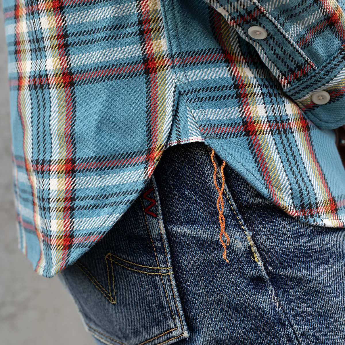 IHSH-442-SAX - 9oz Selvedge Flannel Work Shirt - Sax Blue Check - Image 4