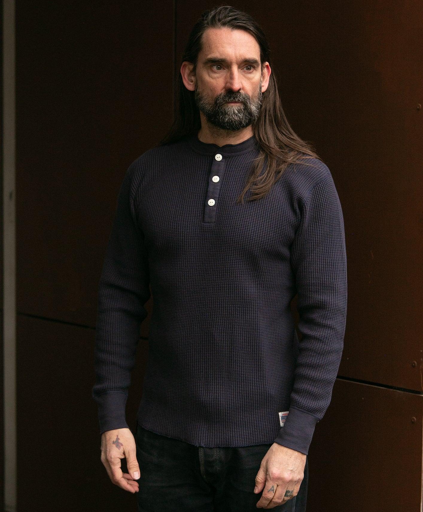 IHTL-1213-NAV - Waffle Knit Long Sleeved Thermal Henley - Navy - Image 2