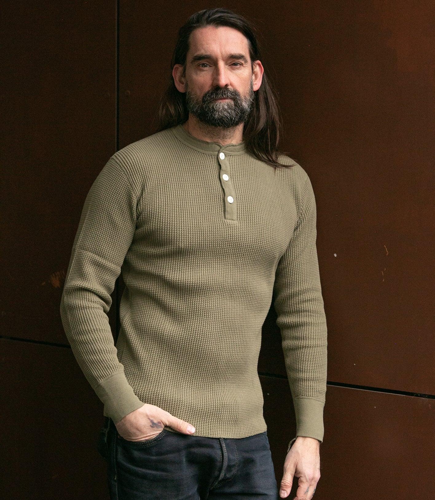 IHTL-1213-OLV - Waffle Knit Long Sleeved Thermal Henley - Olive - Image 2