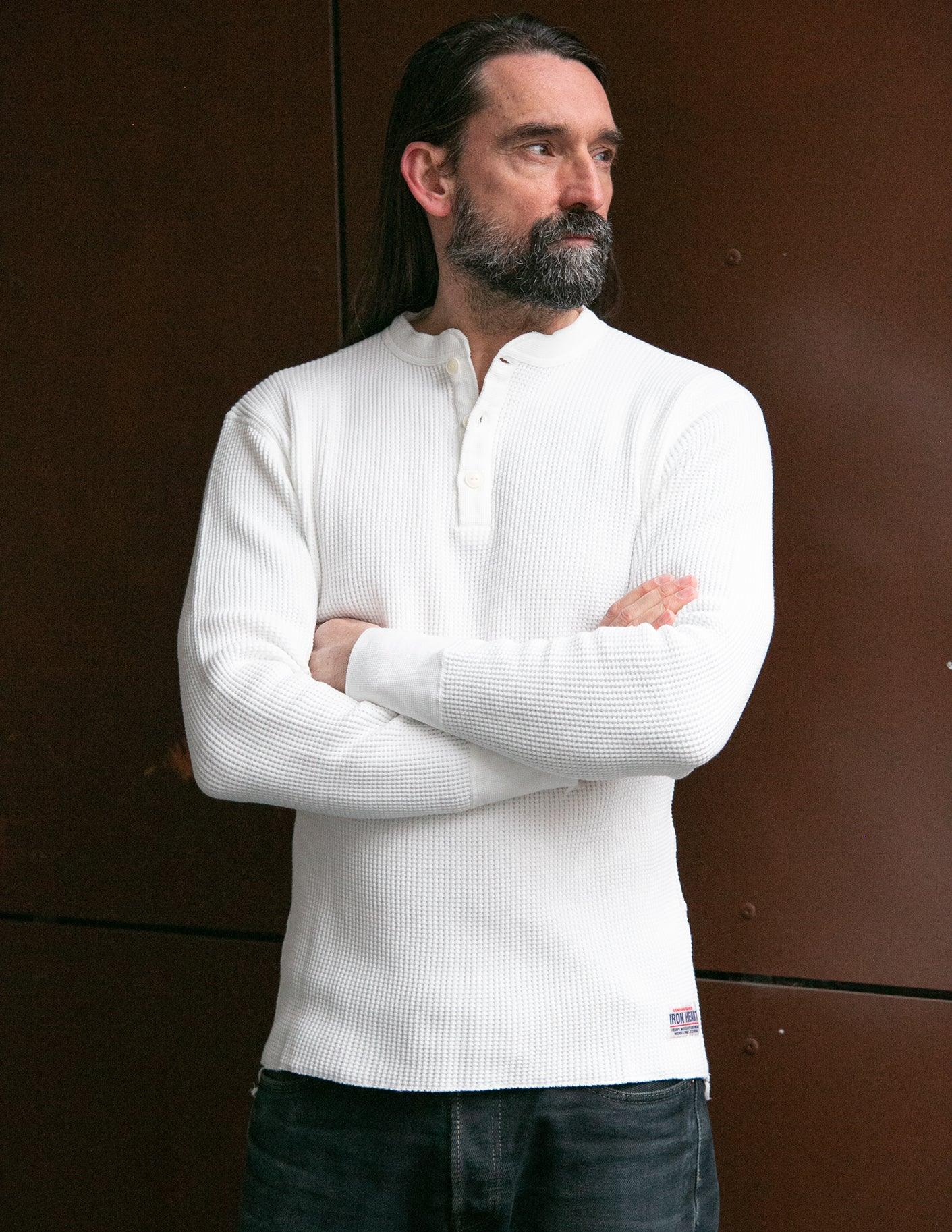 IHTL-1213-WHT - Waffle Knit Long Sleeved Thermal Henley - White - Image 2